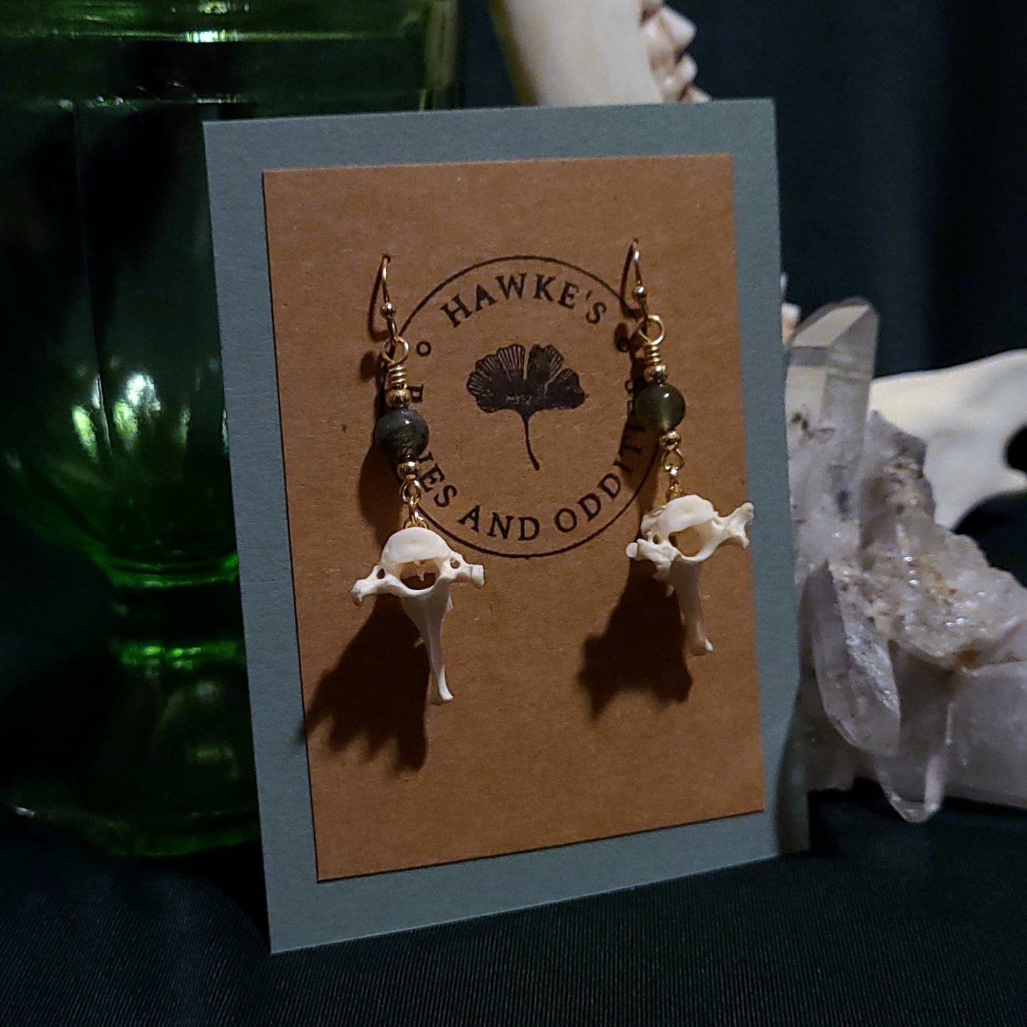 Mink Vertebrae and Moss Agate Dangle Earrings